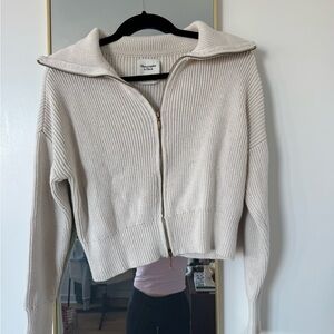 Abercrombie & Fitch Cream Ribbed Zip-Up Cardigan